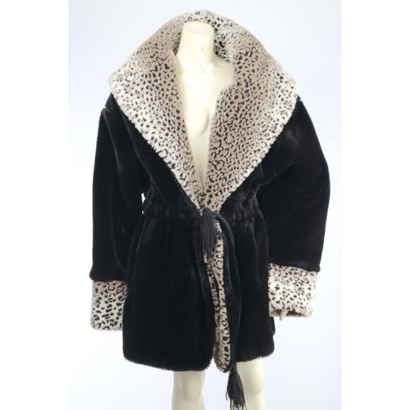 Vintage Black Faux Fur Shearling Coat Leopard Print Collar Cuffs Plush Size M - Picture 4 of 14